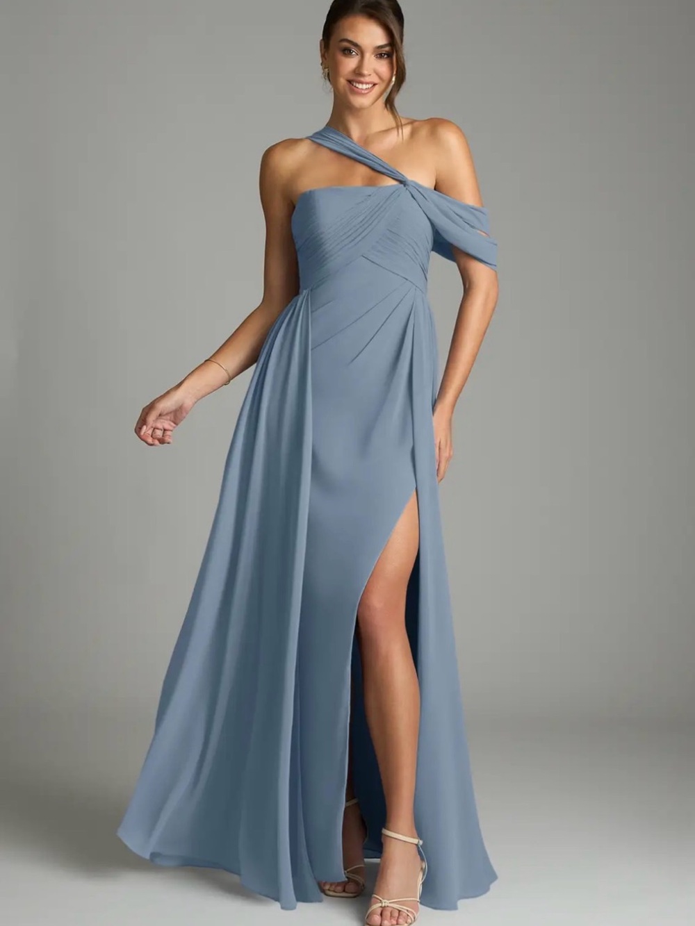 Christian Siriano Bridal Azazie Size 8 Dusty Blue Off the Shoulder Chiffon Dress